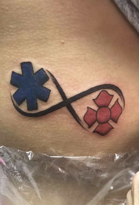 Medic/Firefighter tattoo Ems Firefighter Tattoo, Firefighter Paramedic Tattoo, Firefighter Emt Tattoo, Firefighter Tattoos For Women, Firefighter Mom Tattoo, Simple Firefighter Tattoo, First Responder Tattoo Ideas, Ems Tattoos Female, Emt Tattoo For Women