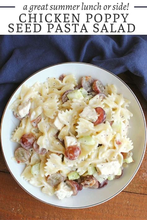 Chicken poppy seed pasta salad features the sweetness of grapes and a creamy poppy seed dressing. It is a perfect summer lunch. Chicken And Grapes, Pasta Salad With Chicken, Pea Pasta, Salad With Chicken, Poppy Seed Dressing, Chicken Pasta Salad, Summer Lunch, Poppy Seed, Meals For The Week