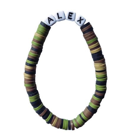 6mm camo heishi beads with custom, square word Sizing is based on child's age Men/ Male Camo Bracelet Pattern, Boy Bracelet Ideas, Bracelet Ideas For Boys, Camo Bracelet, Mens Bracelet Diy, Make Clay Beads, Western Bracelets, Boys Bracelets, Boys Necklace