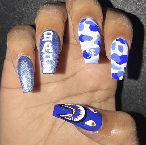 Blue camo Bape nails Bape Nails, Nails Acrylic Long, Camo Nails, Super Nails, Glam Nails, I Love Nails, Acrylic Nails Coffin, Pretty Acrylic Nails, Dope Nails