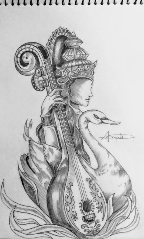 Saraswathi Devi Drawing, Saraswati Pencil Sketch, Indian God Sketch, Saraswati Drawing Art, Saraswati Maa Sketch, Saraswati Devi Sketch, Saraswati Goddess Sketch, Devi Maa Drawing, Sarswati Maa Drawings