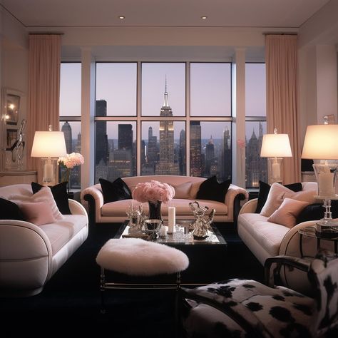 Blush Apartment, 80s Penthouse, Pink Penthouse, Nyc Apartment Aesthetic, Dream Penthouse, Feminine Apartment, Future Motivation, 80s Interior Design, Cozy Baby Room