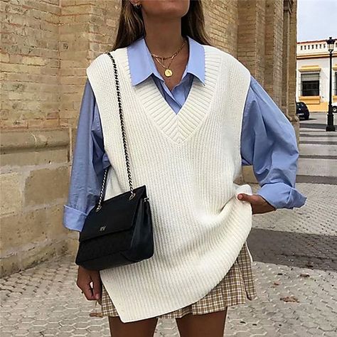 Korean Preppy, Preppy Pullover, White Korean, Vest Knitted, Ärmelloser Pullover, Long Sweater Vest, Houndstooth Sweater, Fall Pullover, Oversized Vest