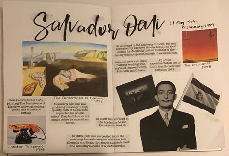 Salvador Dali Research Page Salvador Dali Research Page, Mindmap Ideas Creative Art, Surrealist Artwork, Art Igcse, Salvatore Dali, Hadid Architecture, Artist Research Page, Sketchbook Ideas Inspiration, Salvador Dali Art