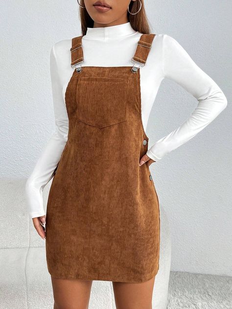 SHEIN PETITE Patched Pocket Cord Overall Dress Without Tee | SHEIN USA Pocket Design Fashion, Frozen Jr, Kaia Gerber Style, Corduroy Pinafore, Chic Dress Classy, Shorts Outfits Women, Corduroy Dress, Overall Dress, Chic Dress