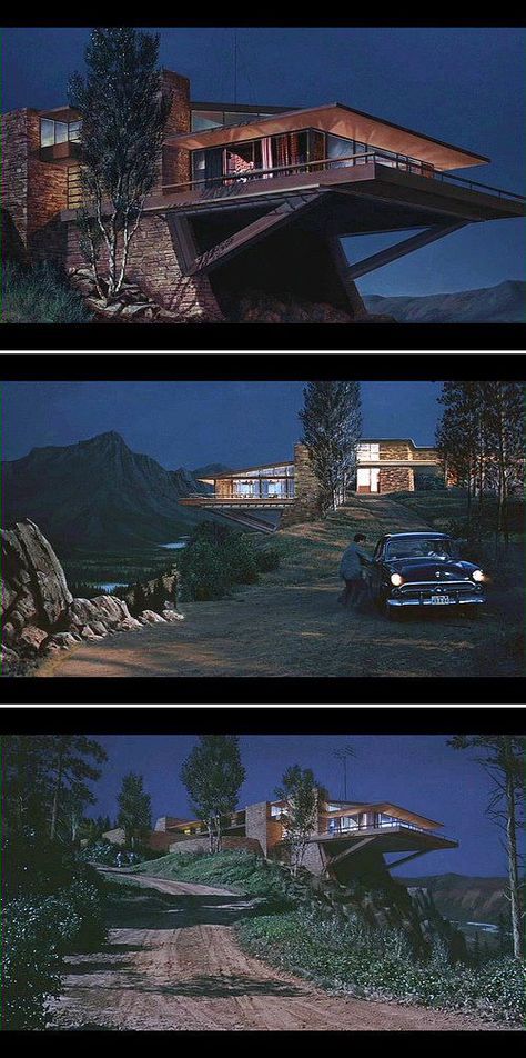 'North by Northwest', 1959 - Directed by Alfred Hitchcock. 'The Vandamm House', was built in Culver City on the MGM studio lot. Using a Frank Lloyd Wright like design, (because his fee was too large) with the outdoor scenes using special effects. The cantilever beams were not a Wright design; but aided in the plot when Cary Grant used them to enter the house. Cantilever Architecture, Hitchcock Movies, Robert Boyle, Alfred Hitchcock Movies, North By Northwest, Mid Century Architecture, Casa Container, Culver City, Alfred Hitchcock