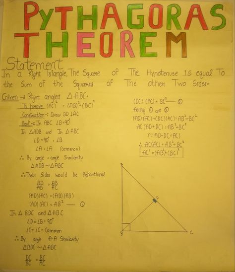 It describes Pythagorean theorem  in detail which  states in any right angles triangle square of hypotenuse is equal to sum of squares of other two sides. Pythagorean Theorem Project, Remainder Theorem, Pythagoras Theorem, Math Tutorials, Pythagorean Theorem, Right Triangle, Math Work, Math Projects, Math Tricks