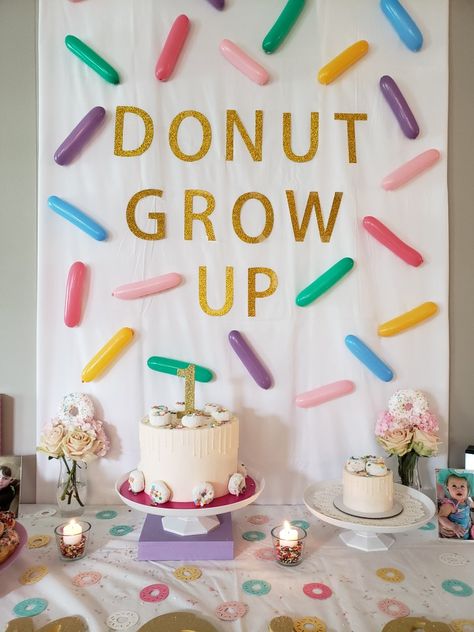 Donut grow up first birthday Up Birthday Party Ideas, Donut Grow Up Birthday Party, Donut Grow Up First Birthday, Birthday Doughnut, First Birthday Donut, Donut Theme Party, Up Birthday Party, Doughnut Party, Donut Themed Birthday Party