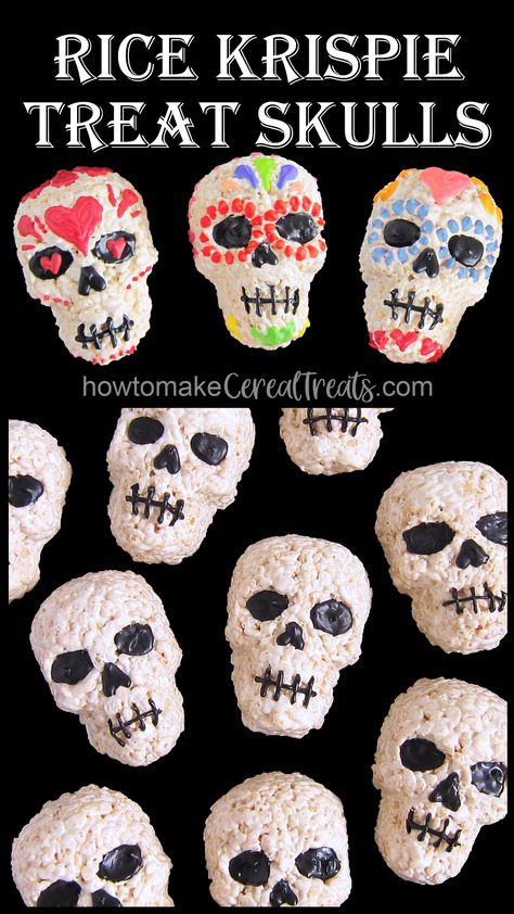 rice krispie treat skulls and sugar skulls Skeleton Rice Crispy Treats, Skull Rice Crispy Treats, Day Of The Dead Snacks, Day Of The Dead Treats, Dia De Los Muertos Food Ideas, Day Of The Dead Food Ideas, Day Of The Dead Food, Marshmallow Cereal Treats, Chocolate Cereal Treats