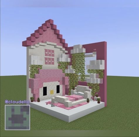 Mincraft Idea Houses Hello Kitty, Minecraft Building Ideas Hello Kitty, Cute Girly Minecraft Houses, My Melody Minecraft House, Minecraft Houses Kawaii, Hello Kitty Minecraft Builds, Cute Minecraft Rooms, Pink Minecraft Bedroom, Cinnamoroll Minecraft