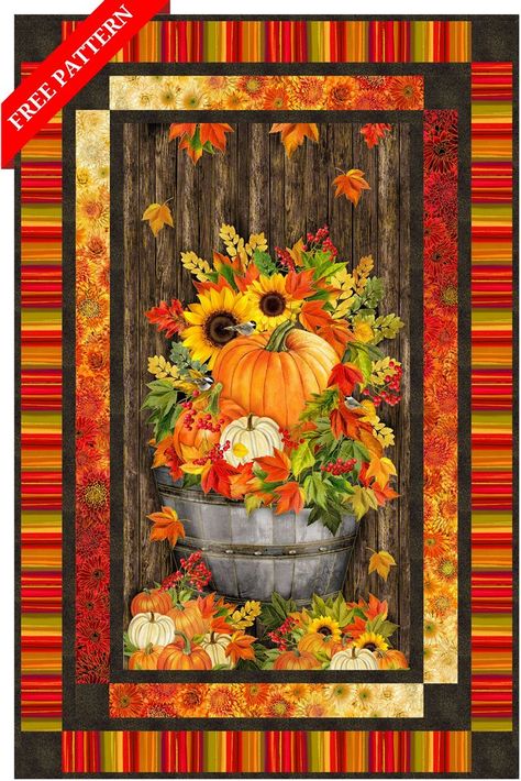 Projects / FALL IS IN THE AIR - FALL INCLI Fall Borders, Quilt Panels, Check Background, Panel Quilt Patterns, Fabric Panel Quilts, Fall Is In The Air, Fall Sewing, Floating Flowers, Halloween Quilts