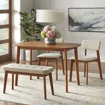 Dining Sets - Bed Bath & Beyond Mid Century Dining Table With Bench, Dining Table Benches And Chairs, Curated Aesthetic, Mid Century Modern Table, Solid Wood Dining Set, Mid Century Modern Home, Mid Century Dining Chairs, Mid Century Dining, Nursery Furniture Sets