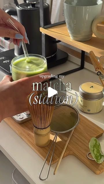 ara’s studygram 🌱 on Instagram: "i love matcha at home 🍵 

ps. i’m posting every day of vlogmas, follow along for productivity & cozy vibes 💬

#vlogmas #matcha #studygram #study #productivity #desksetup #cafe #homecafe" Matcha Bar At Home, Matcha Station, Matcha At Home, Study Productivity, Matcha Bars, Coffee Bar Home, Bar Home, Cozy Vibes, Desk Setup