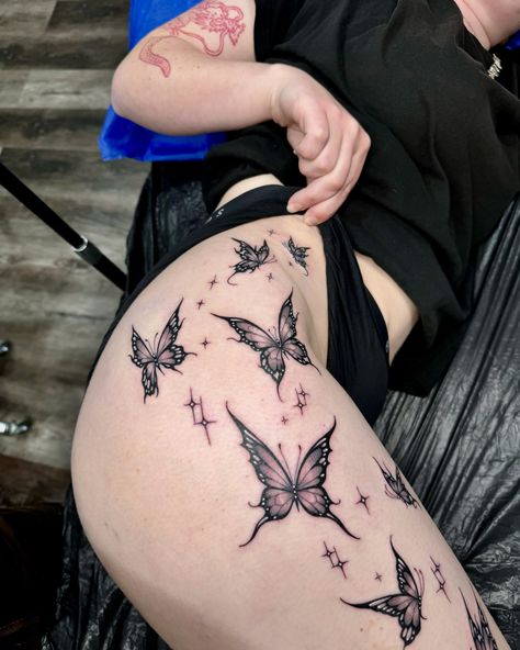 Some pics of this tattoo I love so much 💞🦋💞🦋💞💞🦋 #butterflytattoo #butterflytattoos Dragonfly Tattoo Tramp Stamp, Y2k Style Tattoo, Womens Butterfly Tattoos, Draco Tattoos For Women, Tattoo On Side Of Hip, Dragon Butterfly Tattoo, Corpse Bride Butterfly Tattoo, Happiness Is A Butterfly Tattoo, Grunge Butterfly Tattoo