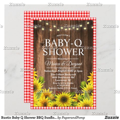 Graduation Bbq, Sunflower Baby Shower Invitations, Bbq Theme, Baby Q Shower, Sunflower Invitations, Rustic Baby Shower Invitations, Wood Invitation, Sunflower Baby Showers, I Do Bbq