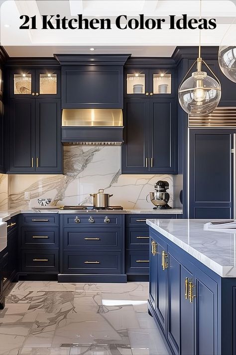 Navy and gold kitchens offer timeless elegance and sophistication. Choose navy blue cabinets paired with gold hardware and fixtures for a luxurious feel Kitchen With Color, Kitchen Color Ideas, Navy Blue Kitchen Cabinets, Farm Style Kitchen, Kitchen Renovation Inspiration, Stairs In Kitchen, Elegant Kitchen Design, Blue Kitchen Decor, Blue Living Room Decor