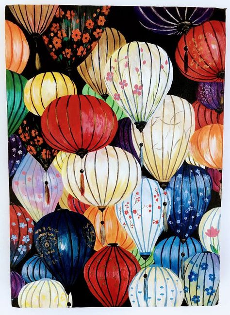 Vietnam Artwork, Vietnam Painting, Lantern Painting, Vietnam Art, Art Theme, Small Canvas Art, His Secret Obsession, Watercolor Inspiration, Book Cover Art