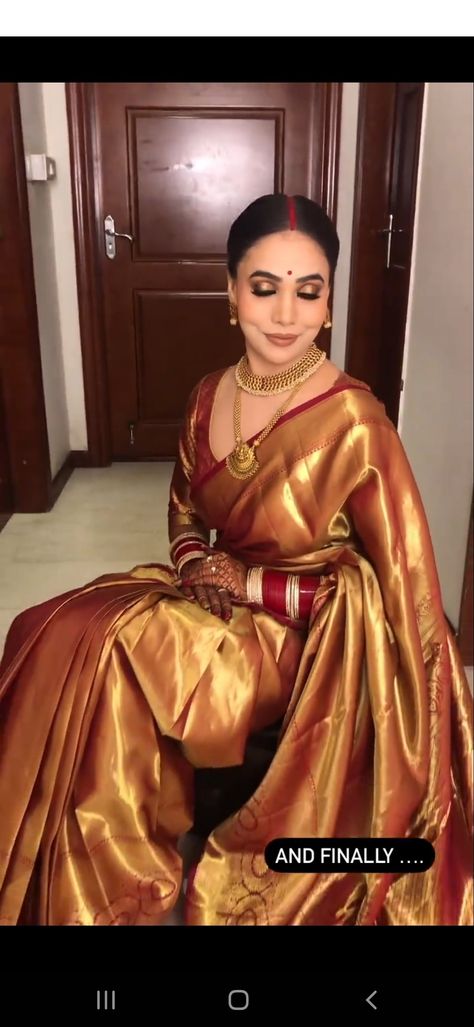 Golden Silk Saree Bridal, Golden Saree Bride, Golden Saree With Contrast Blouse, Golden Silk Saree, Long Sleeve Saree Blouse, Gold Saree, Silk Saree Blouse Designs Patterns, Golden Saree, Maroon Saree