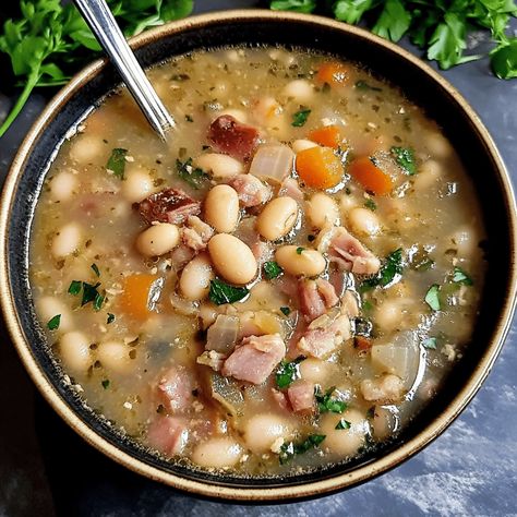 Bean Ham Hock Soup, Soup Kettle Recipes, Ham And White Beans Crock Pot, Crockpot Ham And White Bean Soup, Ham Potato And Bean Soup, Crockpot Ham Hock And Beans, White Bean Soup Recipes With Ham, Crockpot Ham Bone Potato Soup, Ham Shank Soup Recipes