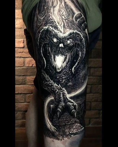 Tattoo Flower Rose, Smaug Tattoo, Half Arm Sleeve, Gandalf Tattoo, Eliot Kohek, Owl Skull, Lotr Tattoo, Lord Of The Rings Tattoo, Nerdy Tattoos