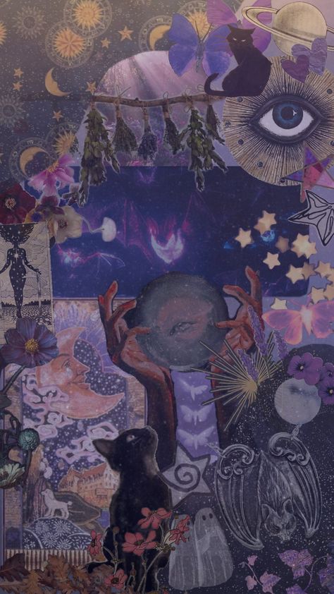 #purple #witchy #blackcat #violet #stars #witch Witchy Spotify Covers, Witchy Purple Aesthetic, Witchy Collage Wallpaper, Purple Elf Aesthetic, Purple Tarot Aesthetic, Purple Halloween Wallpaper Iphone, Witch Core Wallpaper, Purple Witch Wallpaper, Purple Witch Aesthetic Wallpaper