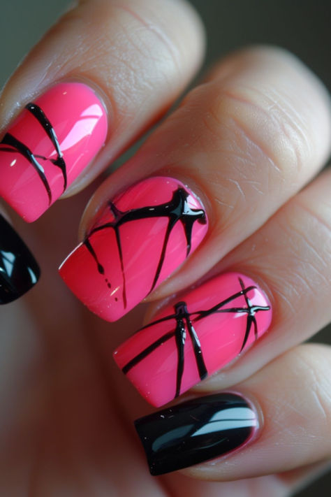 Black And Pink Contrast: Nail Designs For A Pink Dress Black Tips Nail Designs, Magenta Nails Design Color Combos, Bright Pink And Black Nails, Pink Nails With Black Design, Black And Pink Nails Short, Hot Pink Black Nails, Pink And Black Nails Acrylic, Hot Pink And Black Nails Acrylics, Black And Pink Nails Ideas