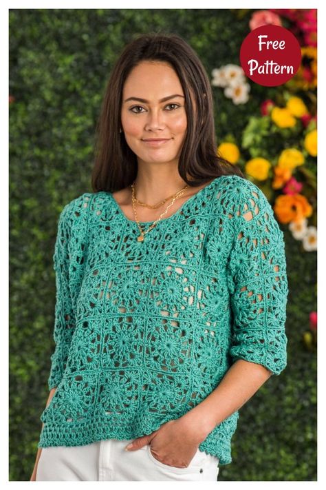 6 Granny Square Top Free Crochet Pattern Blouse Au Crochet, Motifs Granny Square, Reverse Single Crochet, Trend Fabrics, Easy Crochet Patterns Free, Crochet Ladies Tops, Crochet Tops Free Patterns, Square Top, Crochet Clothing