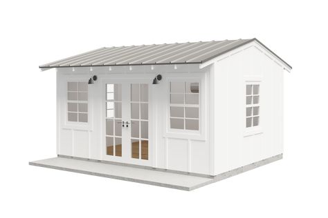 Get a fully equipped 12' x 16' Farmhouse Office Shed in your backyard! Built onsite with premium materials. Installation, power, and AC / heating included. Shed Office Ideas Backyards, Shed Pool House Ideas, She Shed Pool House, Office Sheds Backyard, Shed Pool House, Home Office Shed, She Shed Office, Backyard Office Shed, Farmhouse Sheds