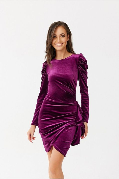 PURPLE VELOUR Bodycon Dress w/Ruffles, Sexy Velvet Dress, Pencil Dress, Office Dress, Cocktail Dress, Velvet Tight Dress, Elegant Mini Dress Elegant Mini Dress, Short Dress Styles, Velour Dress, Ruffle Mini Dress, Original Character, La Fashion, Feel Special, Model Dress, Velvet Dress