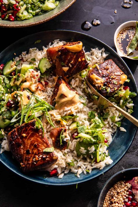 Spicy Ginger Caramelized Salmon Bowl | halfbakedharvest.com Spicy Miso Salmon, Crispy Rice Salmon Bowl, Half Baked Harvest Salmon Bowl, Pumpkin Salmon Recipe, Salmon Kimchi Bowl, Asian Salmon Dinner, Miso Salmon Bowl, Salmon Katsu, Korean Salmon