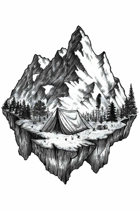 Mountains Tattoo Design, Berg Tattoo, Camping Tattoo, Mountains Tattoo, Mountain Sketch, Mountain Tattoo Design, Arte Doodle, Hiking Tattoo, Mountain Drawing