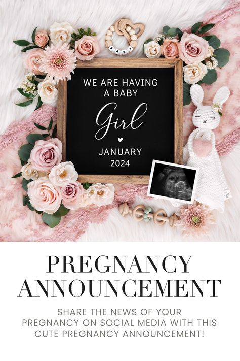 Digital and printable Baby Girl Pregnancy Announcement! #babygirl #pregnancy #pregnancyannouncement Free Pregnancy Announcement Template, It’s A Girl Announcement, Baby Girl Announcement Template, Baby Girl Pregnancy Announcement, Girl Baby Announcement, Girl Pregnancy Announcement, Baby Announcement Template, Digital Baby Announcement, Pregnancy Announcement Template