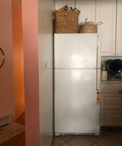 Yep! It's Time To Give That Ugly Fridge A Whole New Life With Removable Wallpaper | TfDiaries Peel And Stick Fridge, Wallpaper For Fridge, Self Adhesive Wallpaper On Fridge, Removable Wallpaper Fridge, Fridge Wood Cover, Covering Rust On Old Refrigerator, Fridge Wallpaper, Ugly Fridge, Fridge Makeover