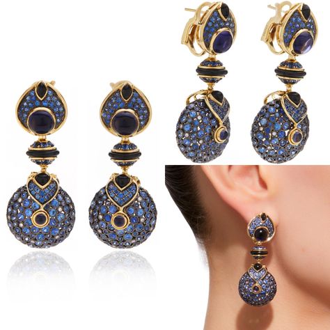 Marina B. recent - ‘PNEU’ Earrings. One-Of-A-Kind. These stunning drop earrings are intricately crafted featuring layers of blue sapphires, black jade, lolite, and accented with pave diamonds. Composition: 18K Yellow Gold, Sapphires / 10.8ct, Black Jade / 5.59ct, Iolite / 3.89ct, Pave Diamonds / 0.17ct (P.R.P. $23,450) #MarinaB #MarinaBvlgari #FineJewelry #HighJewellery #HauteJoaillerie #PreciousGemstones #GuiduccioBedarida #Diamond Iolite Jewelry, Roman Jewelry, Diamond Earrings Design, Black Jade, Colored Stones, R P, Blue Quartz, Precious Gemstones, Jewelry Lover