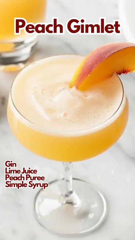 Peach Gimlet Peach Puree For Drinks, Peach Cocktail Recipe, Menu Suggestions, Classy Cocktails, Easy Gin Cocktails, Cocktail Cards, Gimlet Recipe, Gimlet Cocktail, Simple Syrup Cocktails