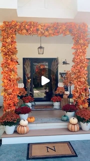 Leaf Garland Front Porch, Pvc Archway, Diy Fall Garland, Porch Garland, Orange String Lights, Large Entryway, How To Make Garland, Fallen Arches, Dollar Tree Pumpkins