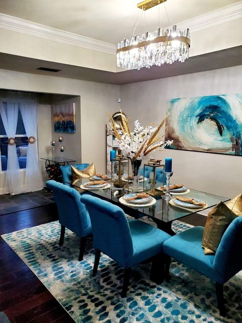 Glam Dining Room Ideas, Room Ideas Blue, Turquoise Dining Room, Dining Room Glam, Glam Dining Room, Gold Dining Room, Glam Dining, Gold Dining, Dining Room Ideas