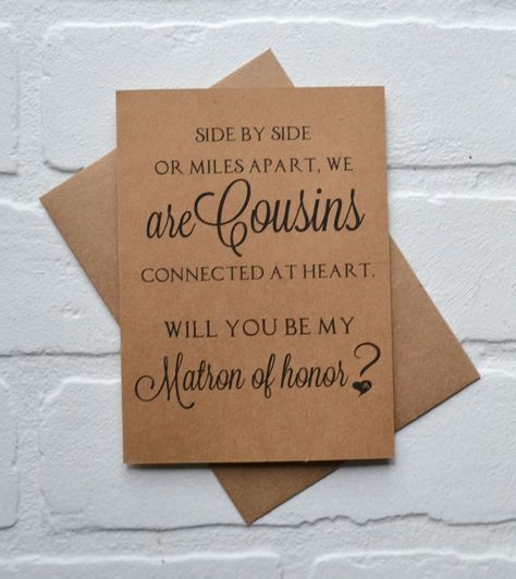 Whether near or far, your cousin will always be a part of your heart. Ask her to be your in your wedding with this sweet bridesmaid proposal card. Printed on *kraft cardstock including envelope. PRINTING ================ (Outside) Side by side or miles apart, we are cousins Personal Attendant, Sister Bridesmaid, Bridal Card, Be My Maid Of Honor, Envelope Printing, Friends Bridal, Bridesmaid Flower, Miles Apart, Ocean City Md