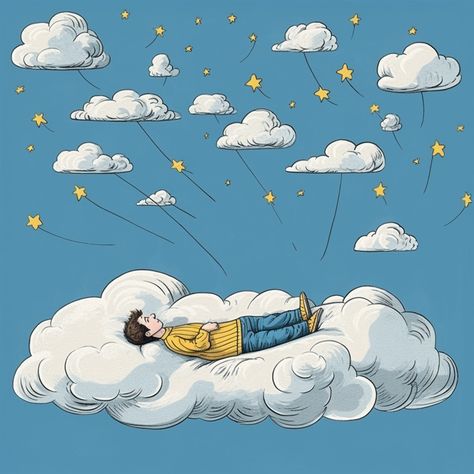 Sleeping On Clouds Art, Day Dream Illustration, Dreamer Illustration, Dreaming Illustration, Heaven Illustration, Illustration Clouds, Dreams Illustration, Man Falling, Sleeping Drawing