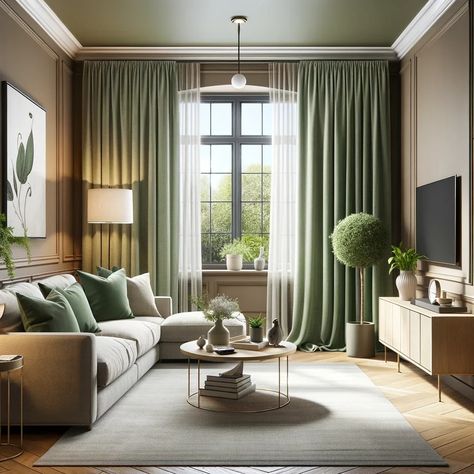 17 Stunning Curtain Colors for the Perfect Taupe Wall Pairing Green And Beige Living Room, Green Curtains Living Room, Curtains Inspiration, Beige Sofa Living Room, Olive Green Curtains, Sage Green Curtains, Sage Living Room, Khaki Walls, Curtain Colors