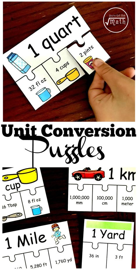 Need an Unit Conversion activity? These 10 puzzles have children figuring out liquid equivalences (gallons to quarts), metric equivalences (cm to m), and US conversions such as inches to feet. Math Conversions, Teaching Measurement, Measurement Activities, Math Activities For Kids, Math Measurement, Fourth Grade Math, Unit Conversion, Math Methods, Homeschool Math