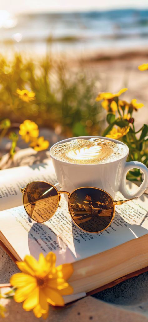 Coffee Beach Aesthetic, Sunshine Aesthetic, Sunny Aesthetic, Wallpaper Iphone Roses, Comfort Corner, Sun Aesthetic, Good Morning Greeting Cards, Pretty Coffee, Yellow Cups