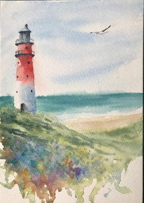 Windows Watercolor Painting, Watercolor Paintings Of Lighthouses, Watercolor Art Lighthouse, Watercolor Scenery Easy Tutorial, Watercolor Lighthouse Paintings, Watercolor Art Summer, Unique Watercolor Paintings Ideas, Water Painting Ideas For Beginners, Light House Watercolor