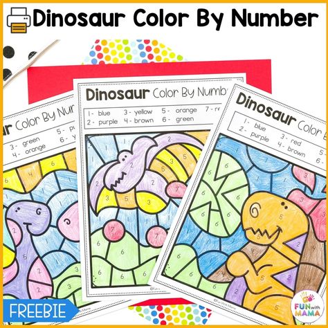 Grab these free dinosaur color by number pages for pre-k and kindergarteners. Improve number and color recognition in one activity! 8 unique options reveal beautiful mystery pictures. (Answer keys included too!) Dinosaur Color By Number, Dinosaur Books For Kids, Dinosaur Activities Preschool, Dinosaurs Preschool, Free Printable Activities, Dinosaur Activities, Fine Motor Skills Development, Mystery Pictures, Dinosaur Coloring Pages