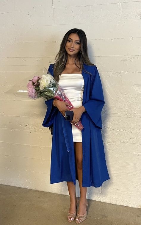 Blue Graduation Gown Outfits, Graduation Cap And Gown Outfit, Blue Cap And Gown Graduation Outfit, Graduation Gown Outfit, Cap And Gown Outfit, Blue Cap And Gown, Blue Graduation Gown, Grad Outfits, Graduation Cap And Gown