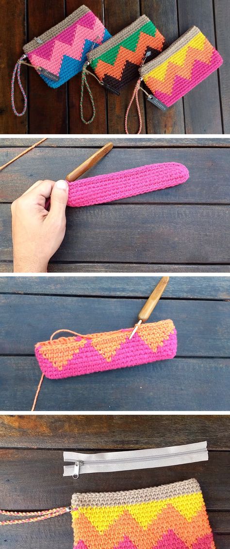 Crochet Clutch Bags Tutorials, Crochet Zipper Pouch Pattern Free, Crochet Clutch Bag Free Pattern, Knitted Pencil Case, Crochet Clutch Free Pattern, Knitting Bag Sewing Pattern, Projek Mengait, Crochet Clutch Pattern, Knitting Bag Sewing