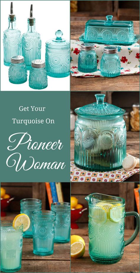 Pioneer Woman Turquoise Glassware #ad #pioneerwoman #farmhouse #farmhousedecor #kitchens #farmhousekitchen #turquoise #glassware Pioneer Woman Canisters, Pioneer Woman Glasses, Red And Teal Kitchen, Pioneer Woman Kitchenware, Pioneer Woman Dinnerware, Kitchen Color Combos, Pioneer Woman Dishes, Turquoise Kitchen Decor, Pioneer Woman Kitchen Decor