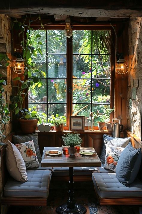 Magic Bookshelf, Garden Breakfast, Breakfast Nook Ideas, Cozy Breakfast Nook, Nook Ideas, Morning Room, Statement Lighting, Cabins And Cottages, House Room