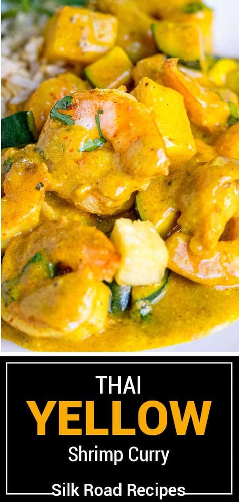 Shrimp Curry is spicy, saucy, and satisfying. Served with a fruity yet spicy coconut curry sauce, it takes less than an hour to prepare. Shrimp Yellow Curry, Yellow Curry Sauce, Spicy Coconut Curry, Shrimp Curry Recipe, Coconut Shrimp Curry, Creamy Coconut Shrimp, Yellow Curry Recipe, Asian Shrimp, Thai Yellow Curry