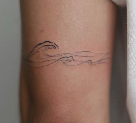 Feminine Arm Wrap Tattoo, Make Waves Tattoo, Sea Ankle Tattoo, Landscape Tattoo Minimalist, Minimal Waves Tattoo, Waves Of Life Tattoo, Wrap Around Wave Tattoo, Ocean Tattoo Aesthetic, Abstract Sea Tattoo